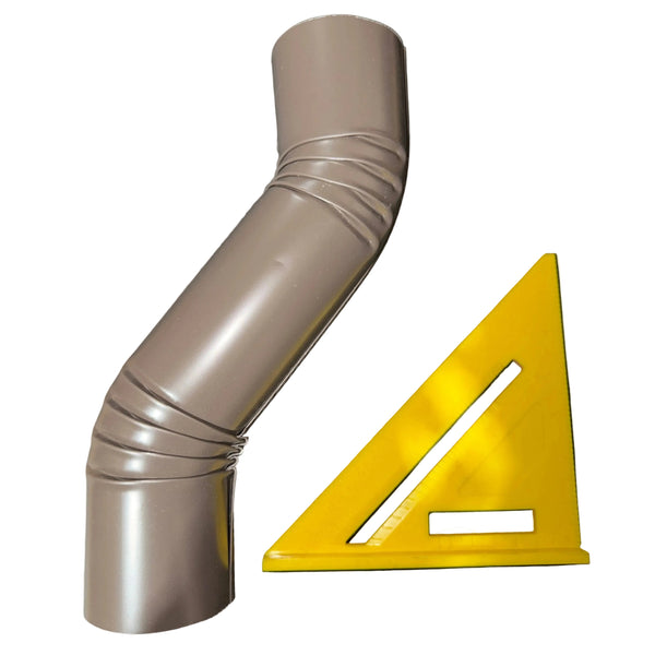 Professional 3 inch round corrugated aluminum downspout elbow with 4 inch double offset S-curve design showing ribbed construction and musket brown finish