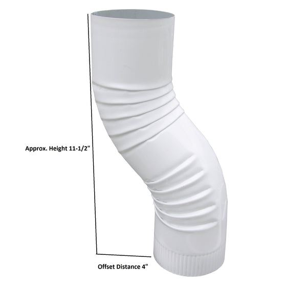 Technical diagram showing 3 inch round downspout elbow with 11-1/2 inch height and 4 inch offset distance specifications